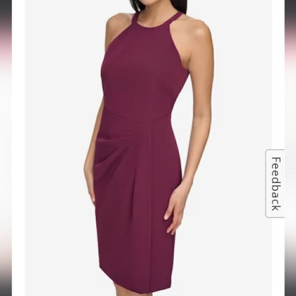 Vince Camuto Stretch Crepe Halter Ruched Dress in Plum - Picture 2 of 16
